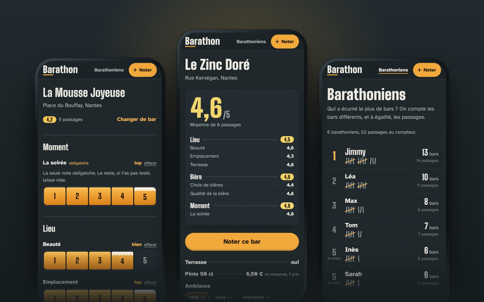 Three Barathon phones: the rating form with 1 to 5 buttons, a bar page with its place, beer and night grades, and the Barathoniens leaderboard