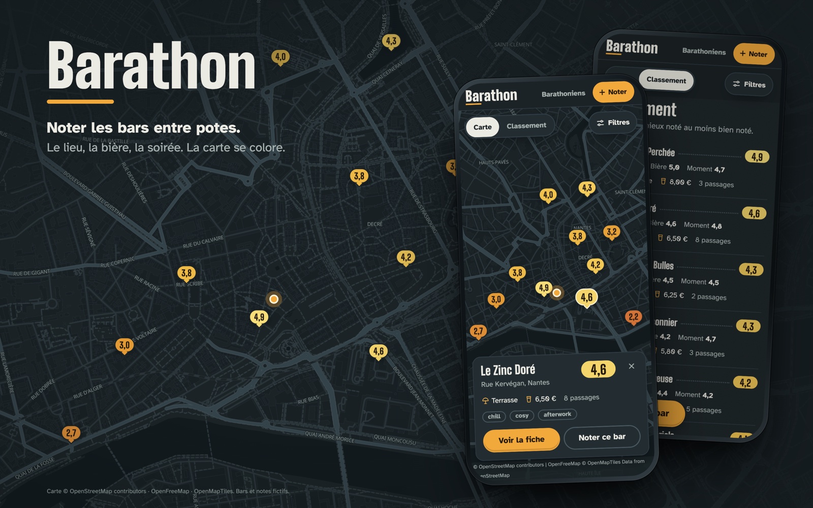 Barathon: a dark map of Nantes dotted with bar grades, next to two phones showing a bar card and the bar ranking