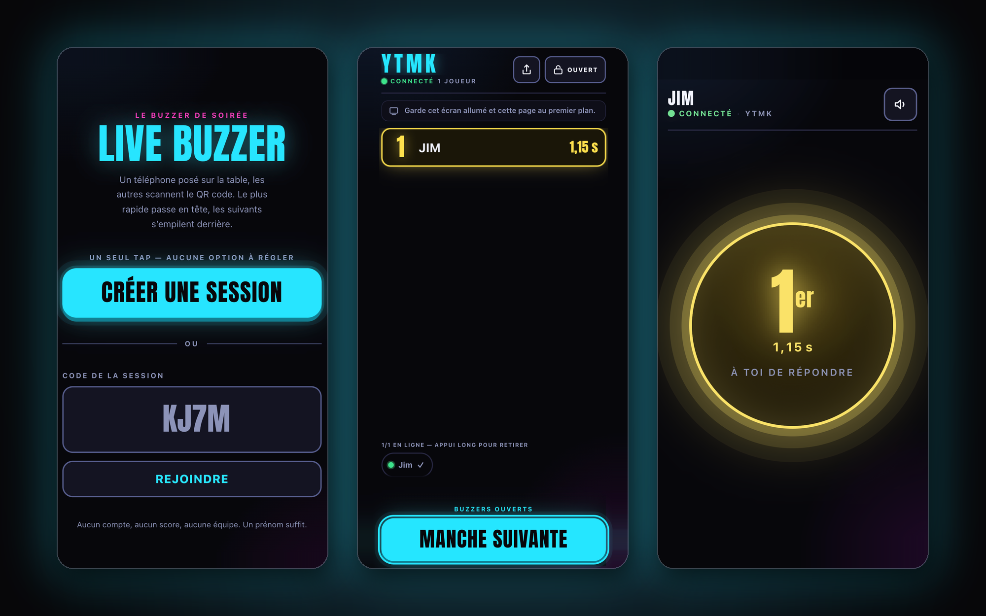 Live Buzzer on three phones: the create-session home screen, the host console ranking buzzes, and a player's first-place result