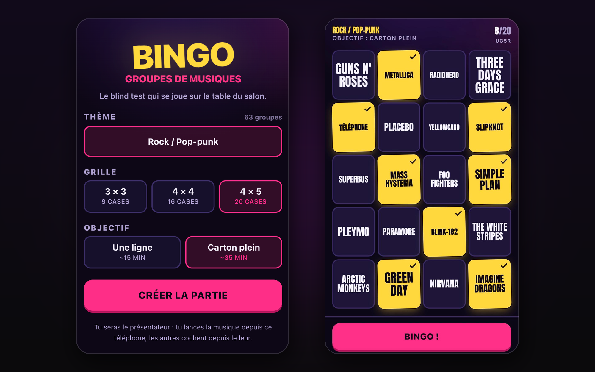 Music Bingo on two phones: the game setup screen and a player's bingo grid of band names