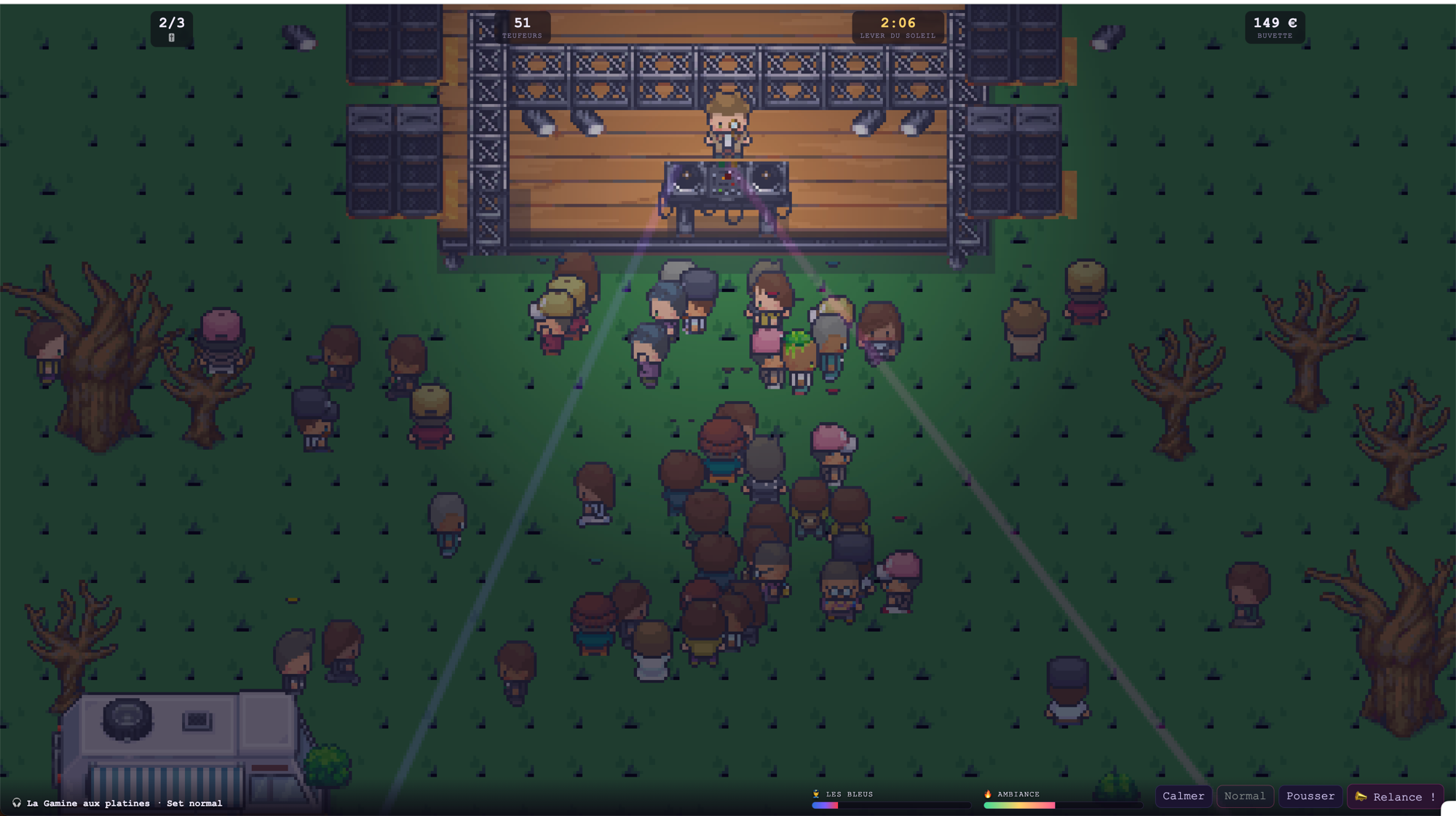 Rave Tycoon pixel-art scene of a free-party crowd dancing in front of a sound system stage at night