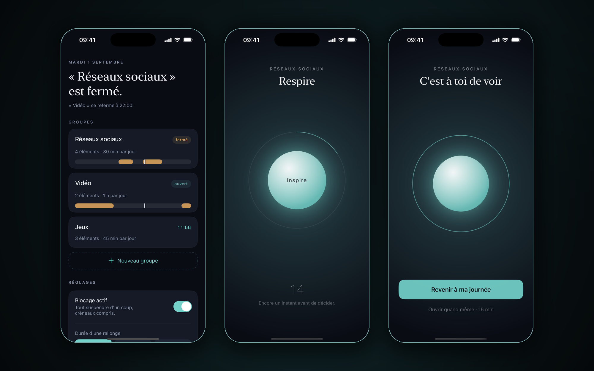 Schedule Blocker on three phones: app groups with 24-hour day bands, the guided breathing ritual, and the final choice to return to your day or open anyway